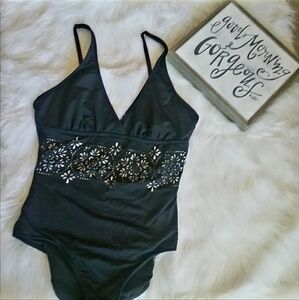Liz Claiborne Swim Suit Black Lazer Cut Flowers Floral Detail Women's Size 10